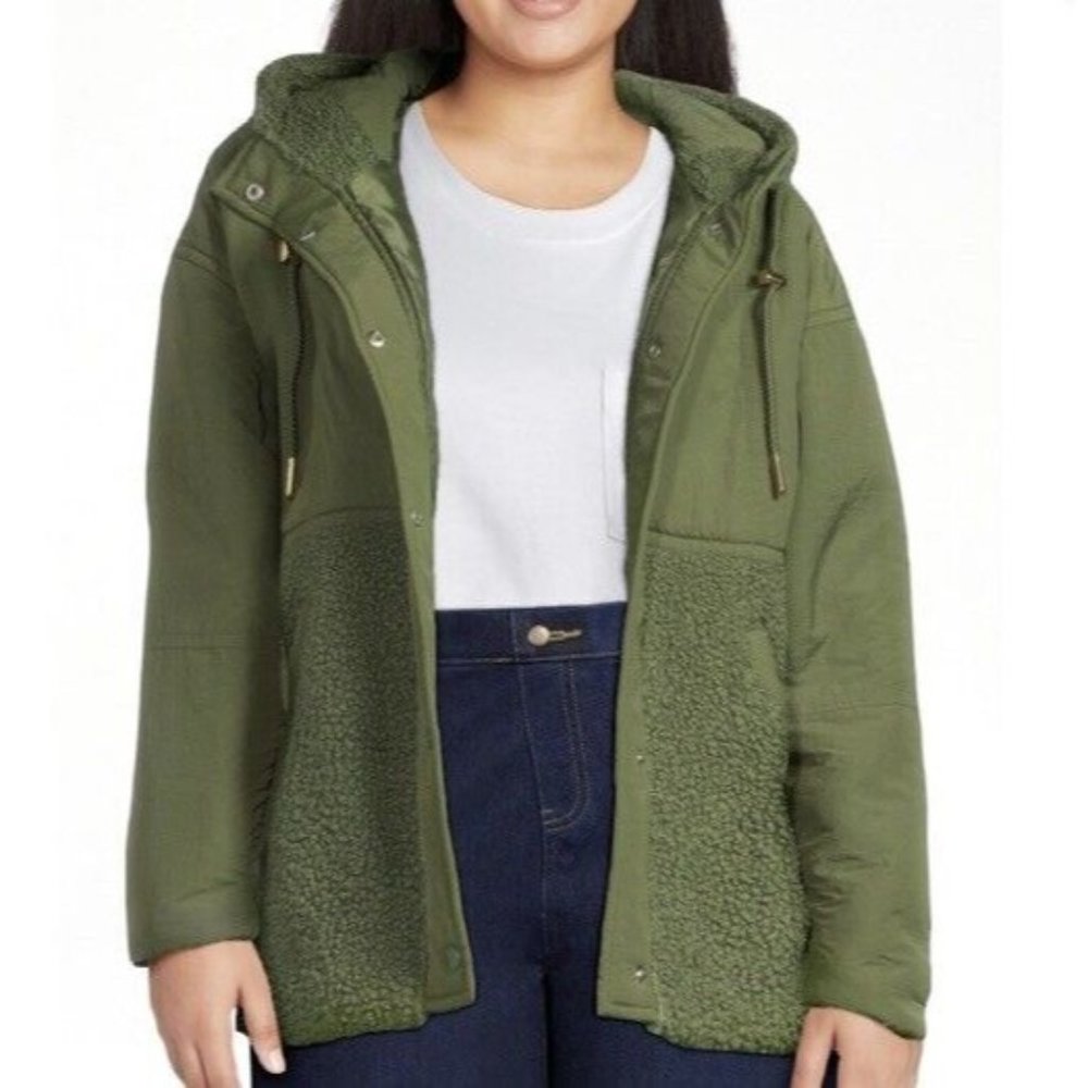 New $50 Time and Tru Women Mixed Media Snap Sherpa Hooded Jacket‎ Green XL 16-18